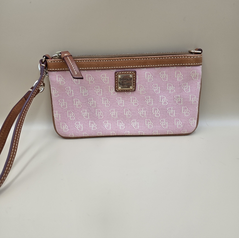 EUC Dooney & Bourke Pink and Tan Wristlet Clutch